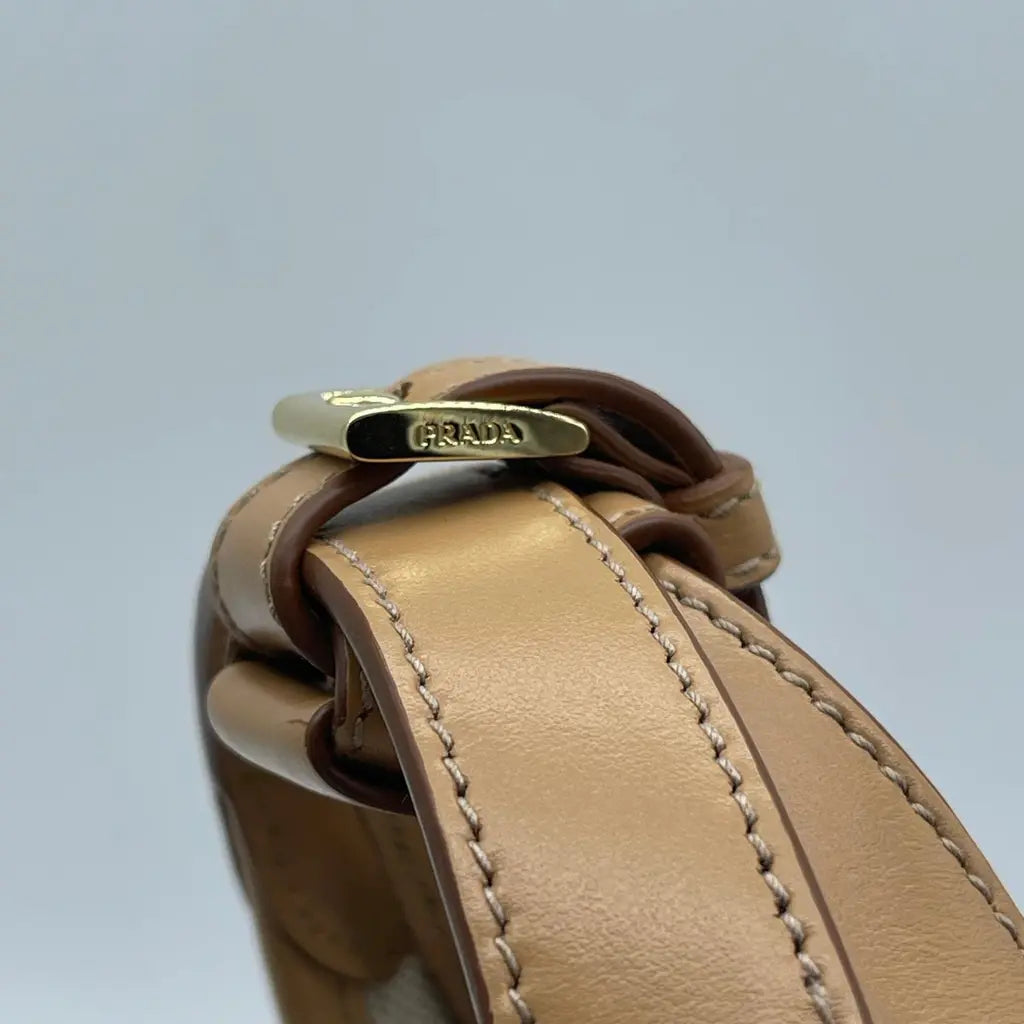 Prada Natural Linen Blend And Leather Buckle Bag