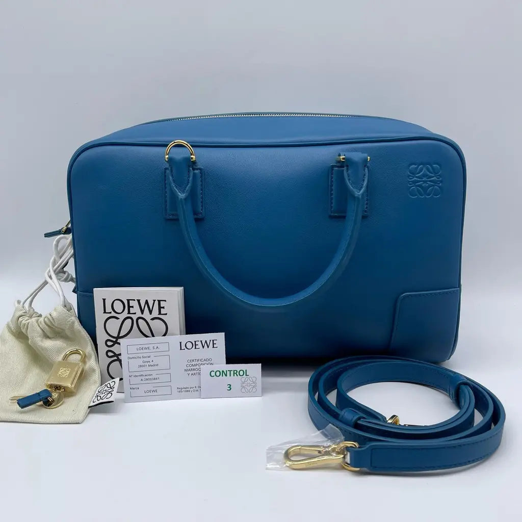 Loewe Calfskin Amazona 28 bag in Lagoon blue color.