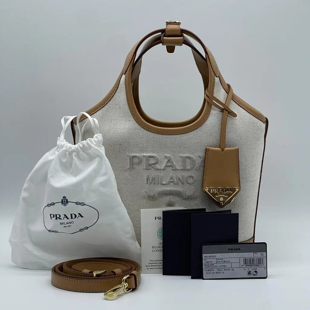 Prada Natural Linen Blend And Leather Buckle Bag