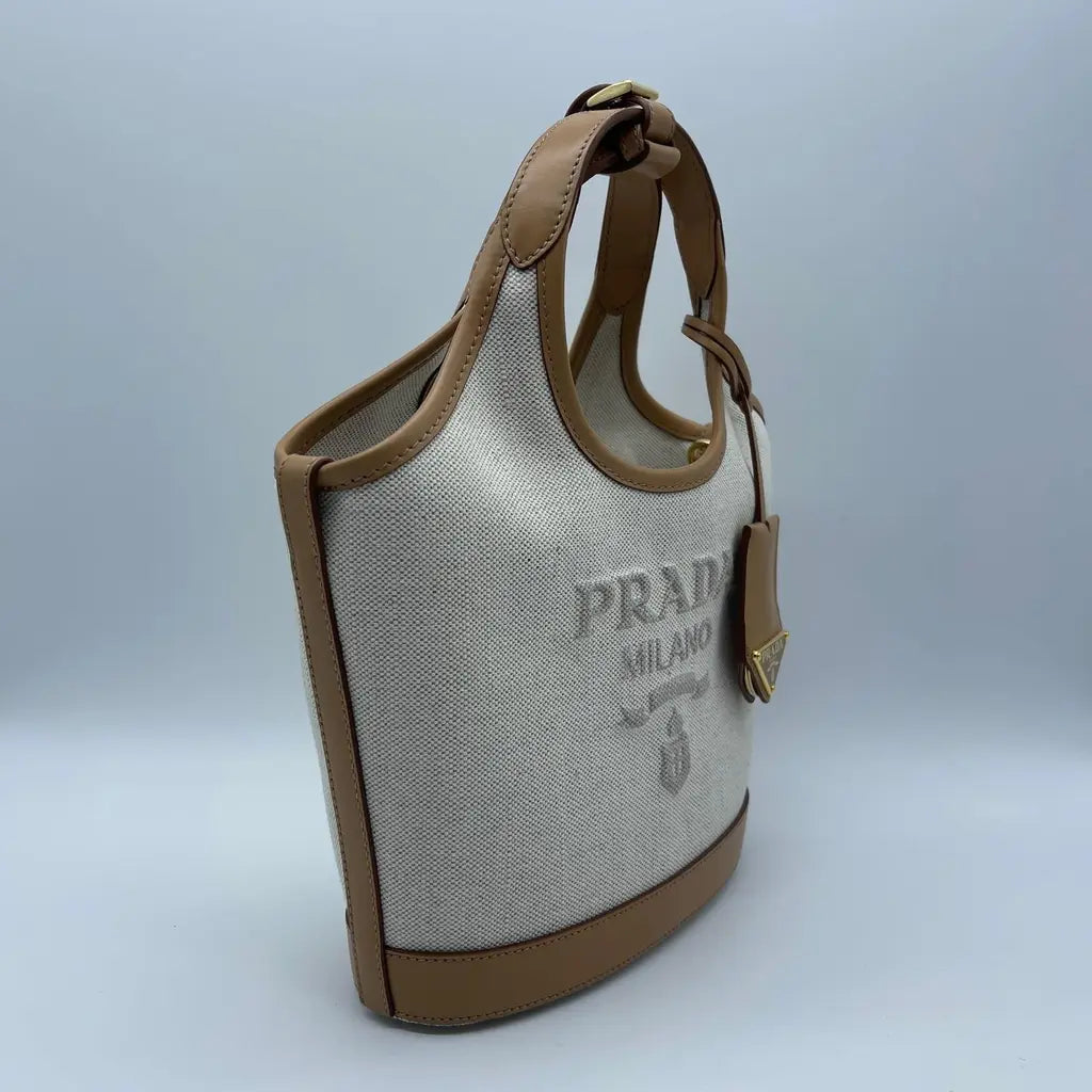Prada Natural Linen Blend And Leather Buckle Bag