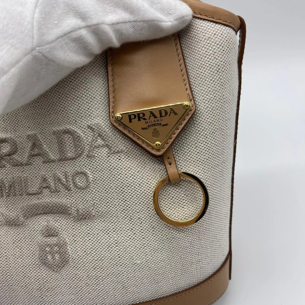 Prada Natural Linen Blend And Leather Buckle Bag