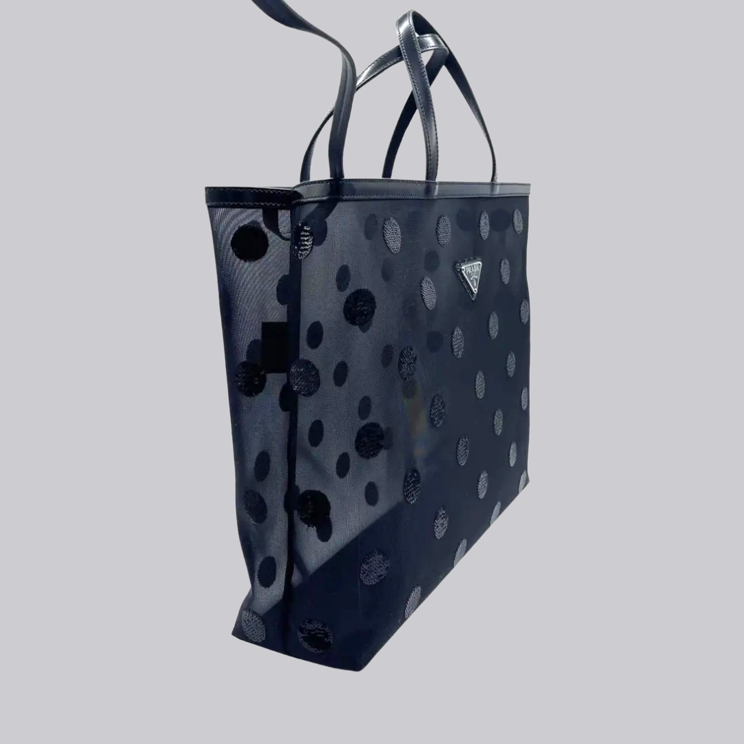 Prada Polka Dot Mesh Rete Ricamo Tote Bag