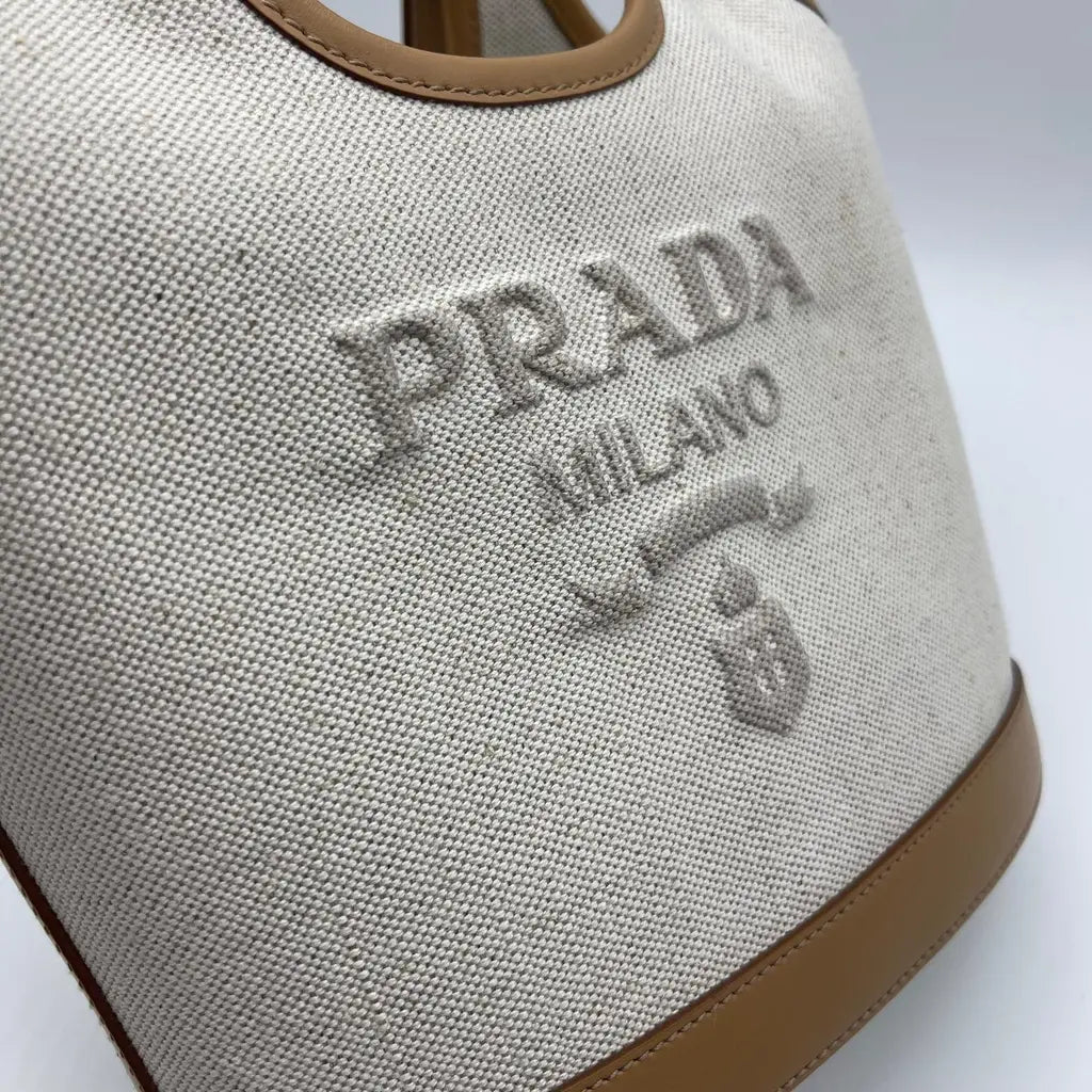 Prada Natural Linen Blend And Leather Buckle Bag