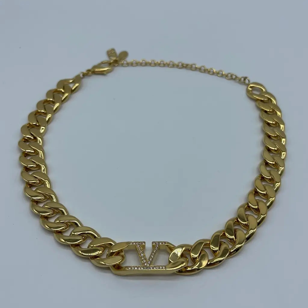 Valentino V logo Chain Metal and Swarovski Crystal Necklace