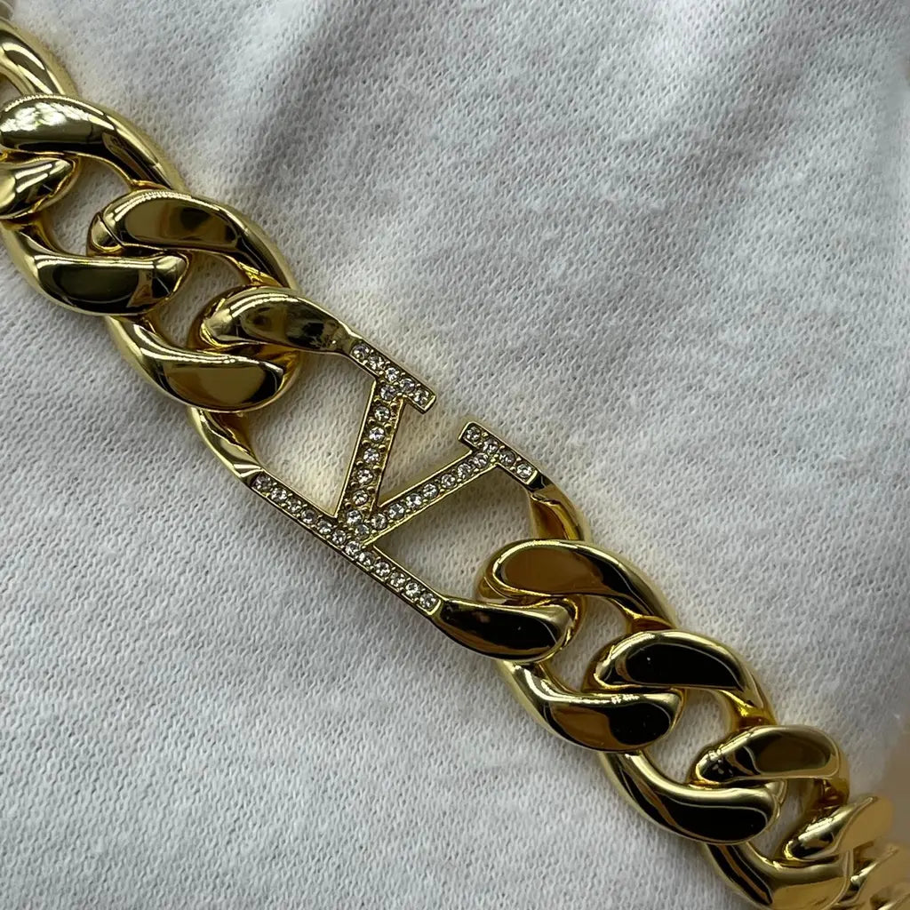 Valentino V logo Chain Metal and Swarovski Crystal Necklace