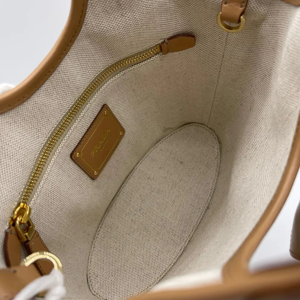 Prada Natural Linen Blend And Leather Buckle Bag
