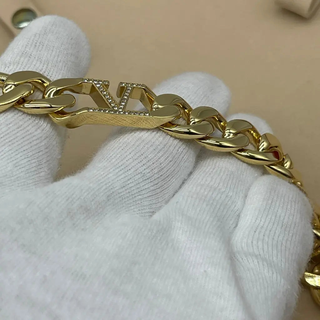 Valentino V logo Chain Metal and Swarovski Crystal Necklace