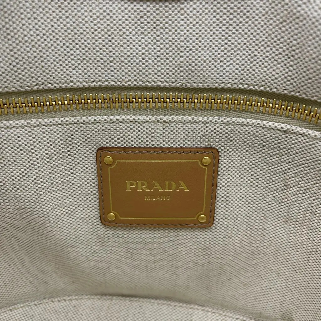 Prada Natural Linen Blend And Leather Buckle Bag