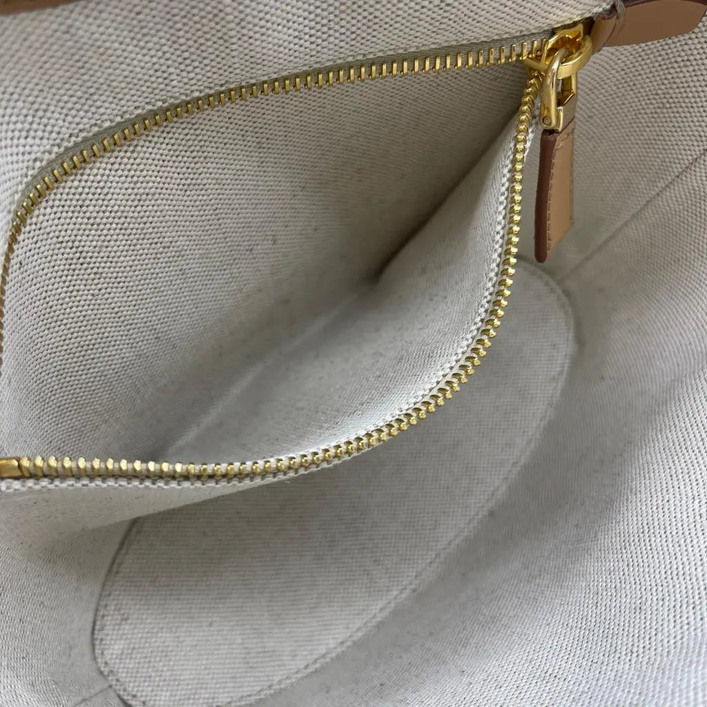 Prada Natural Linen Blend And Leather Buckle Bag