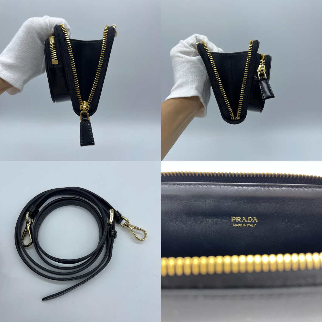 Prada Rylon x Brushed Leather Wallet With Shoulder Strap