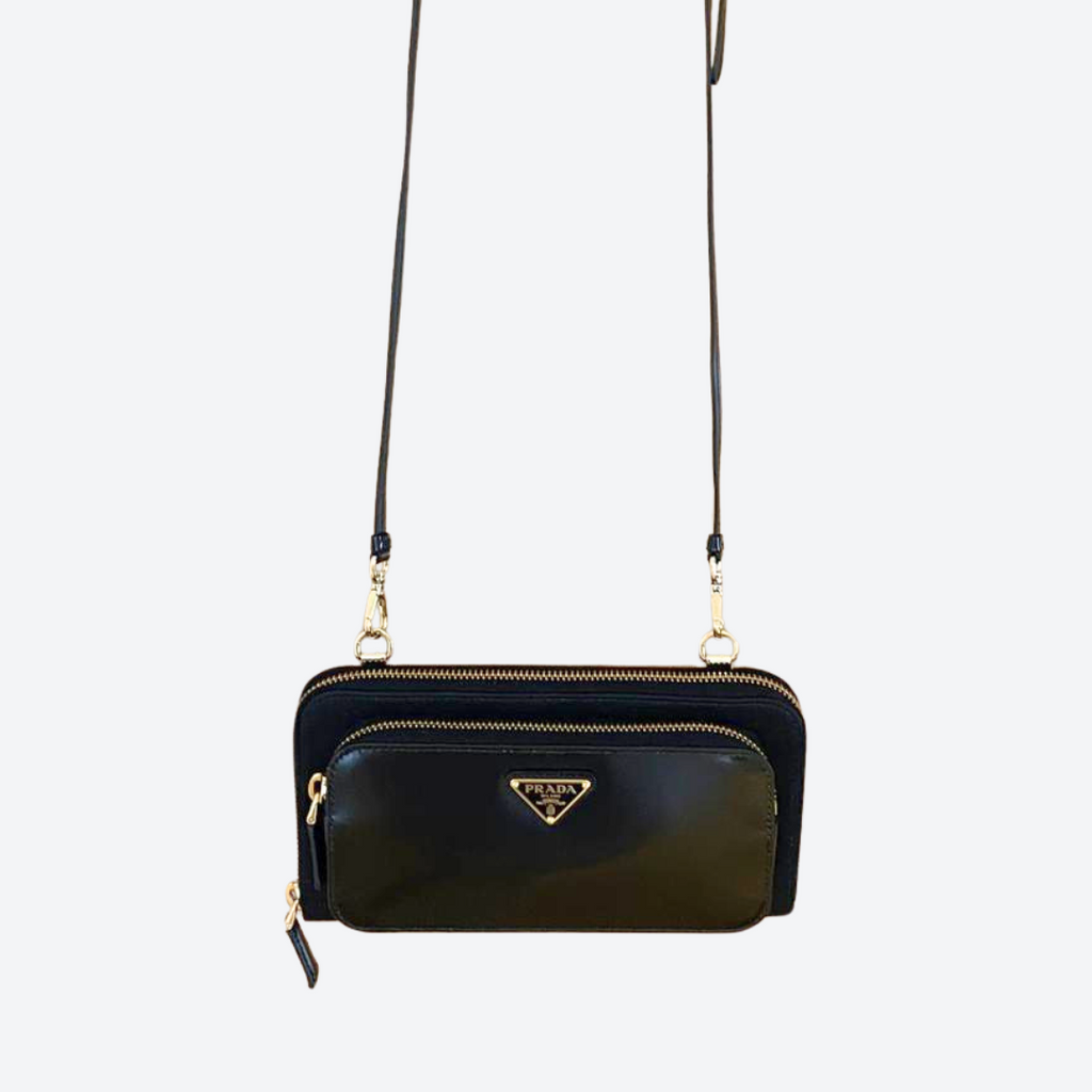 Prada Rylon x Brushed Leather Wallet With Shoulder Strap