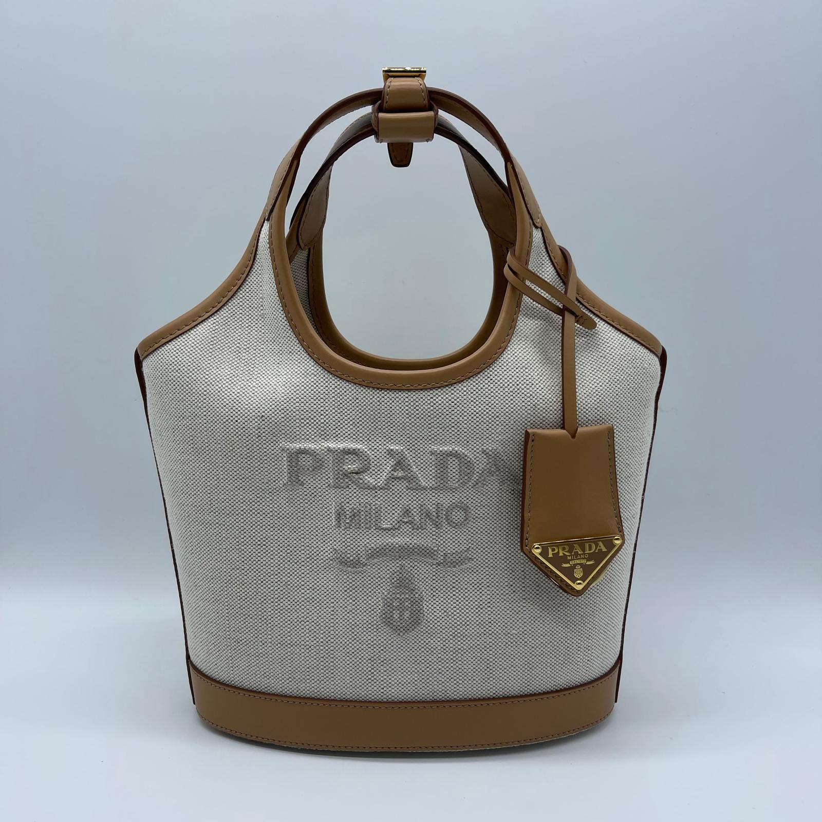 Prada Natural Linen Blend And Leather Buckle Bag