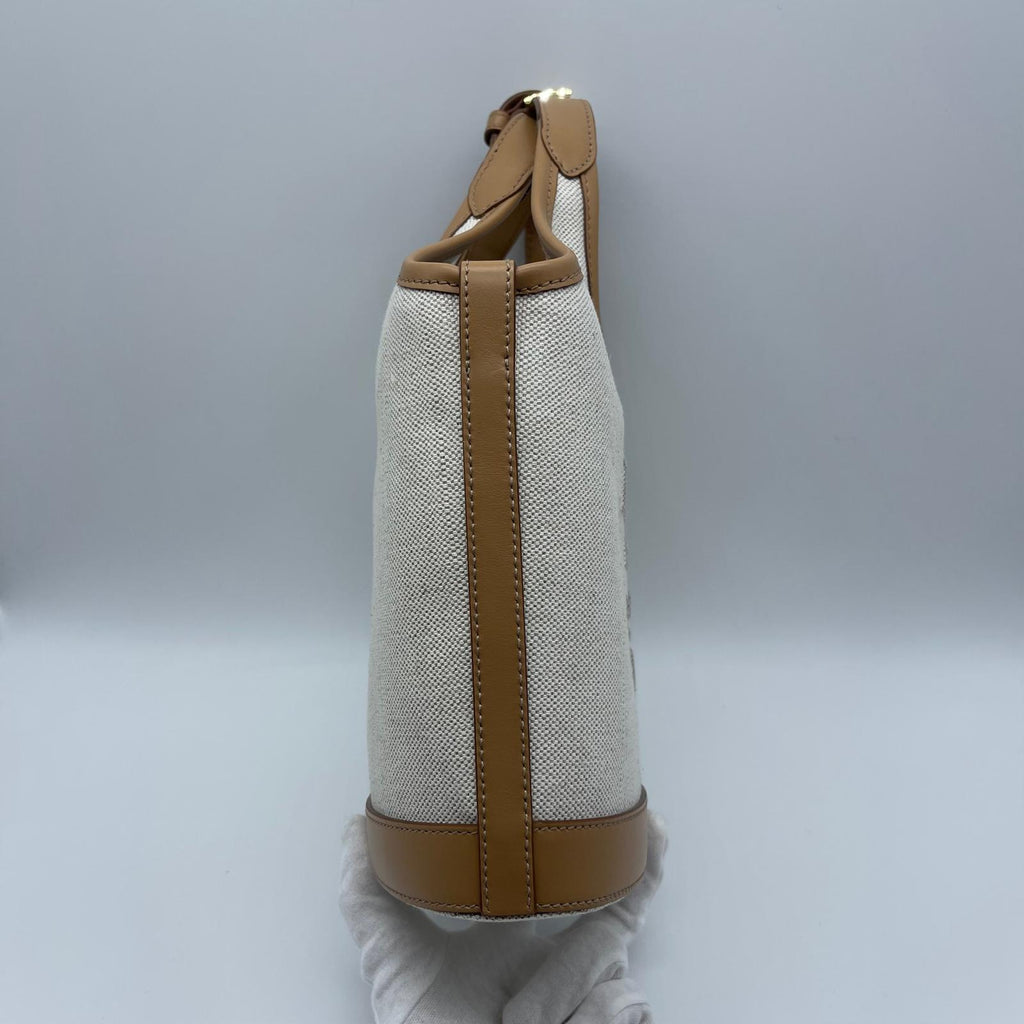 Prada Natural Linen Blend And Leather Buckle Bag