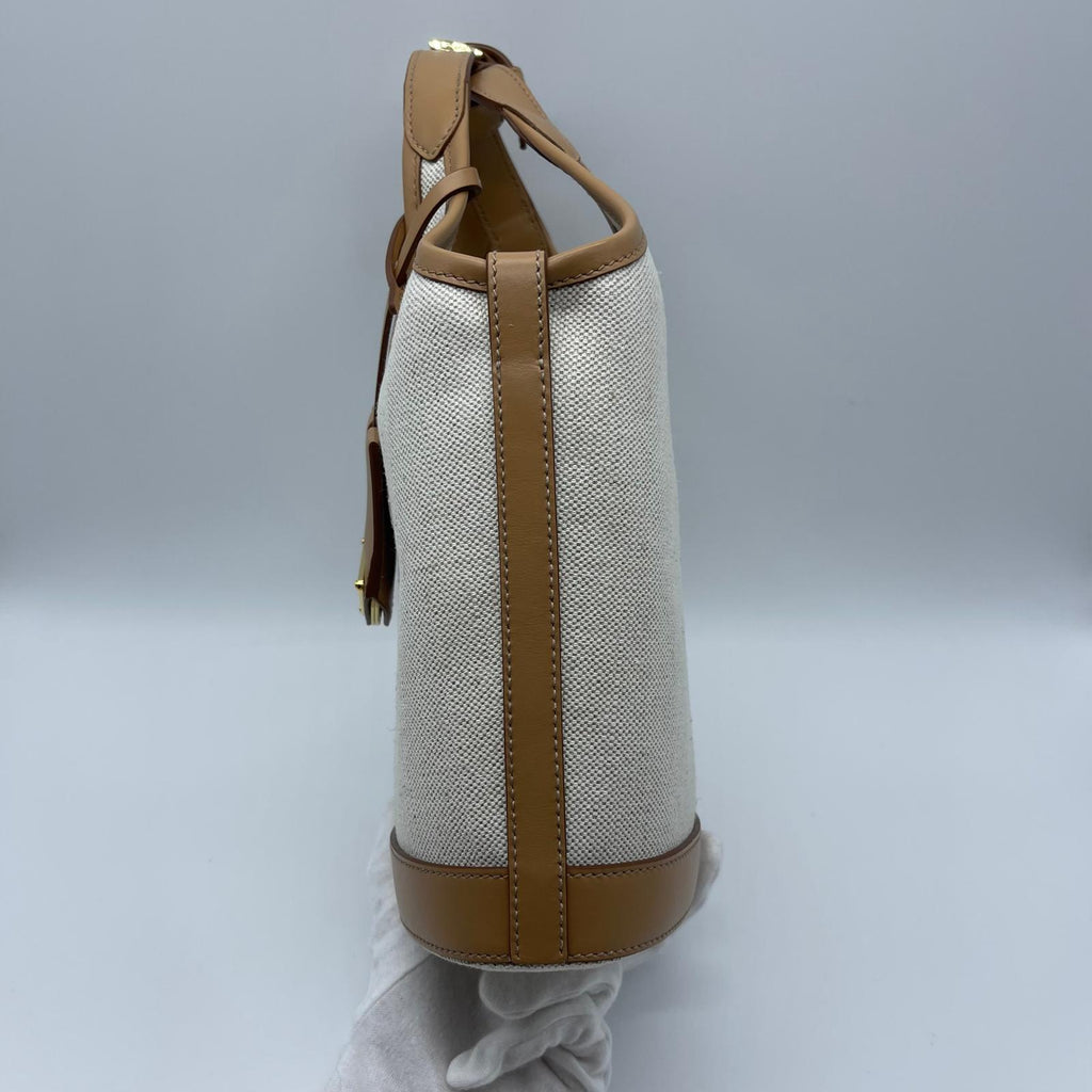 Prada Natural Linen Blend And Leather Buckle Bag