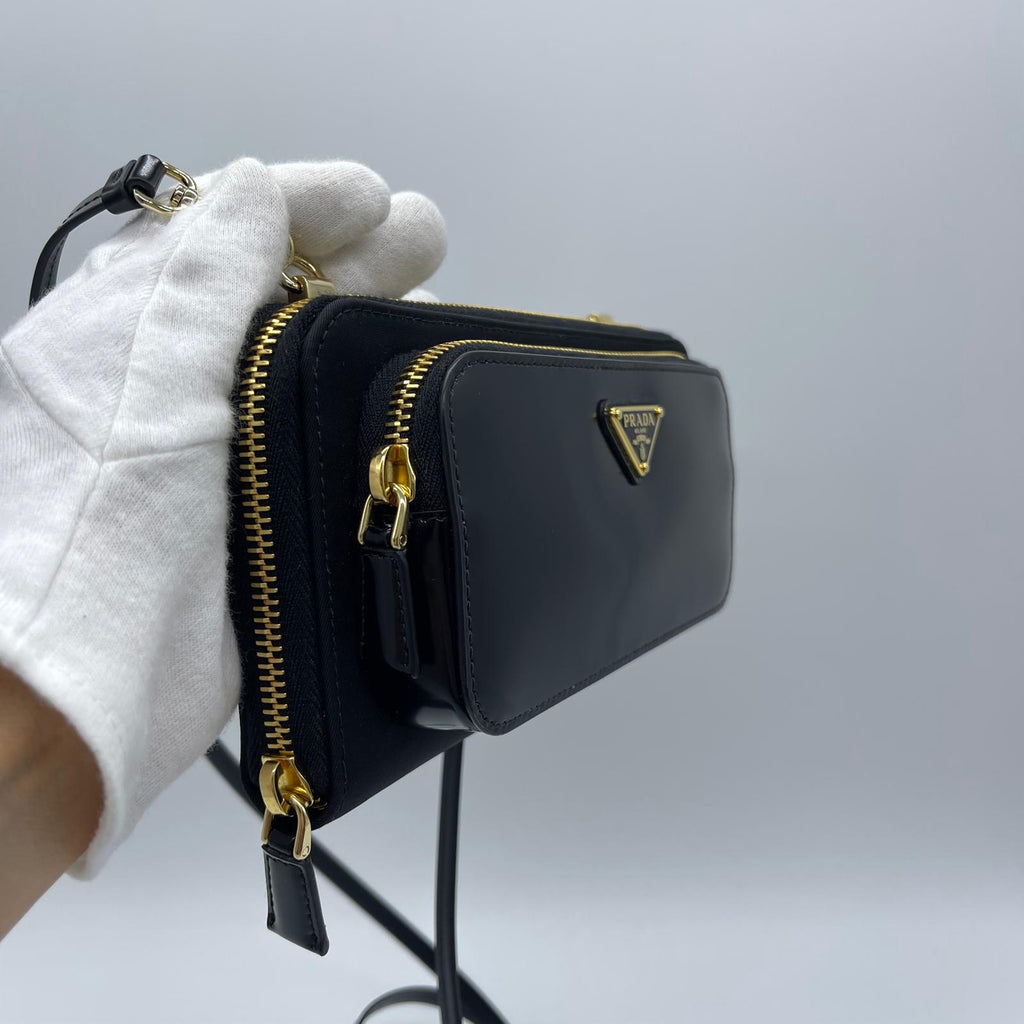 Prada Rylon x Brushed Leather Wallet With Shoulder Strap