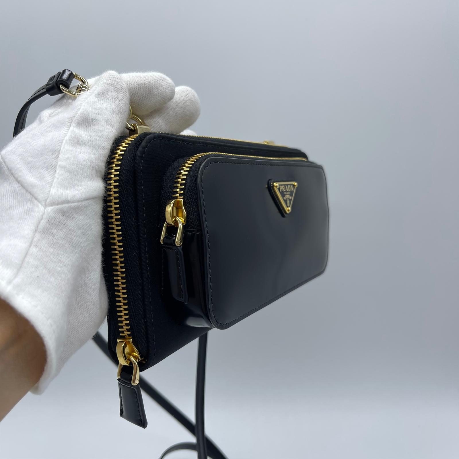 Prada Rylon x Brushed Leather Wallet With Shoulder Strap