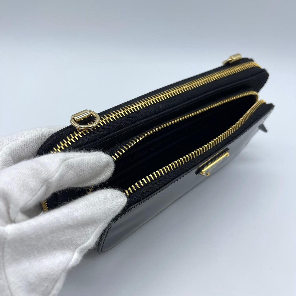Prada Rylon x Brushed Leather Wallet With Shoulder Strap