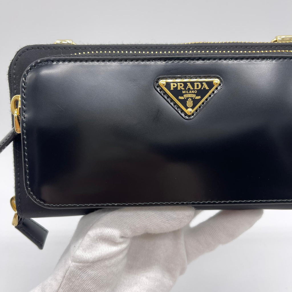 Prada Rylon x Brushed Leather Wallet With Shoulder Strap