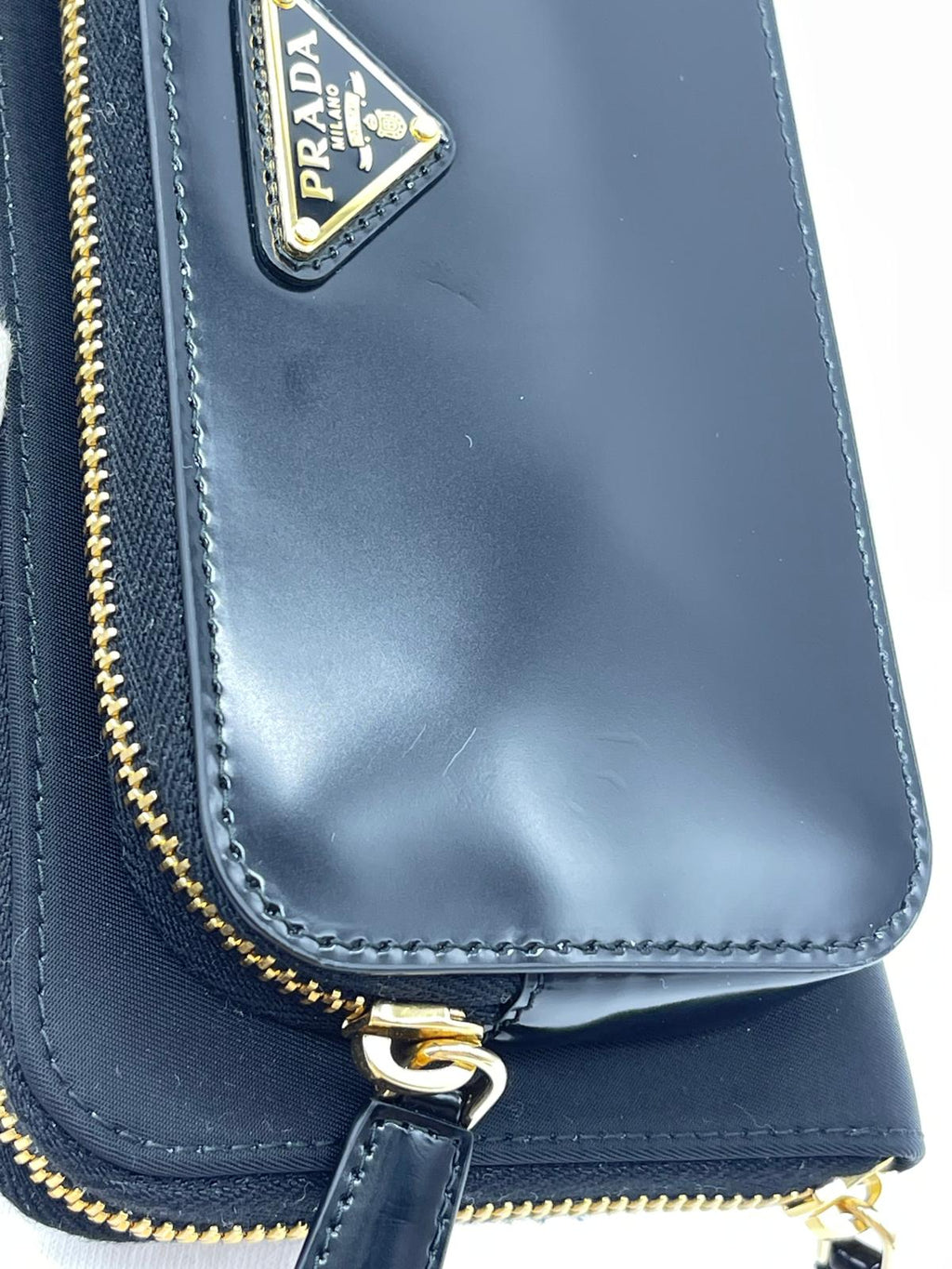 Prada Rylon x Brushed Leather Wallet With Shoulder Strap