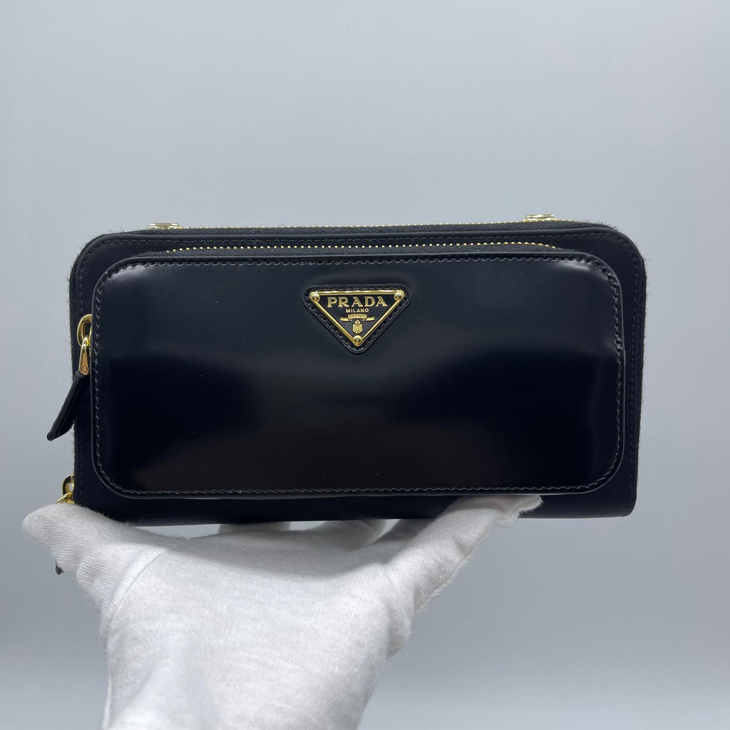 Prada Rylon x Brushed Leather Wallet With Shoulder Strap