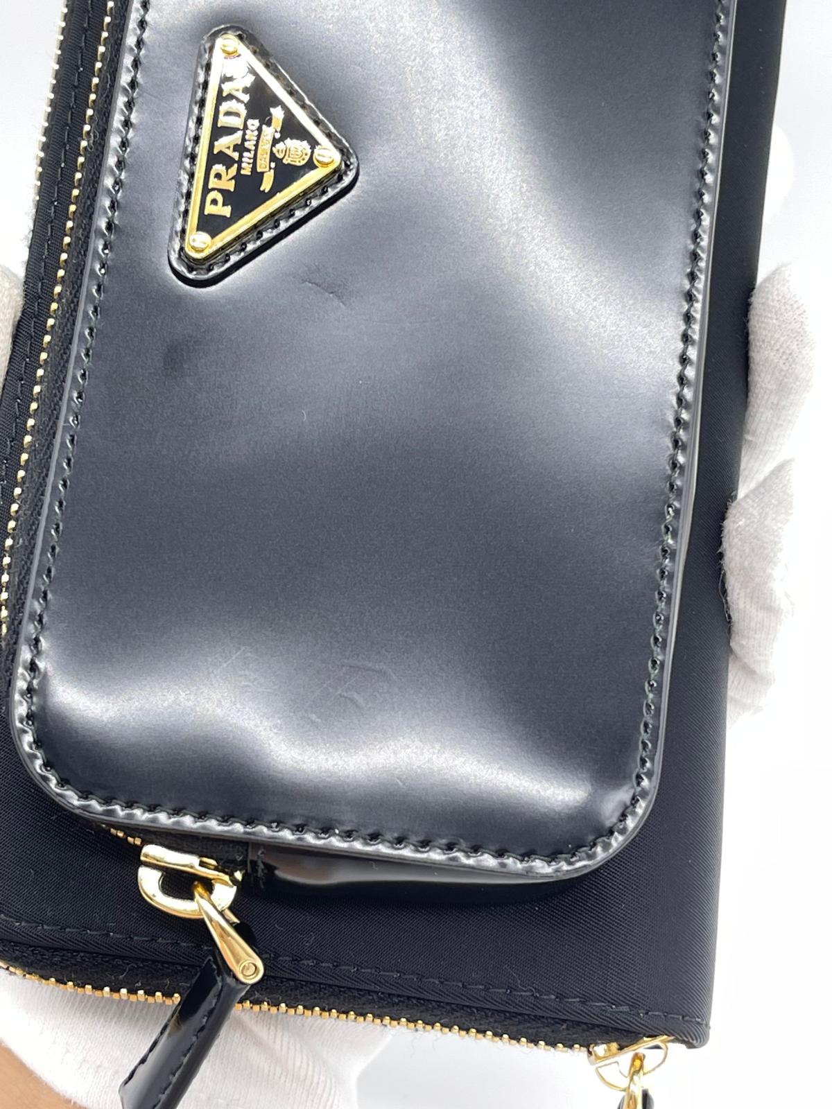 Prada Rylon x Brushed Leather Wallet With Shoulder Strap